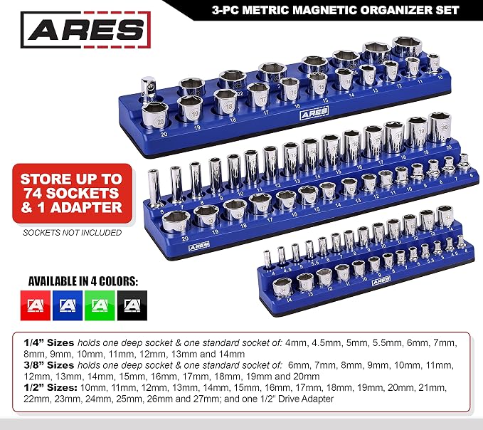 ARES 60036 3-Pc 1/4,3/8,1/2-In Blue Metric Magnetic Socket Organizer | Part No. 60036; Includes 1/4-Inch, 3/8-Inch, and 1/2-Inch Socket Holders