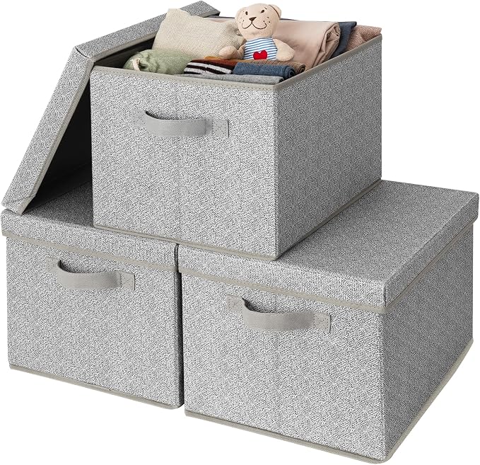 GRANNY SAYS Fabric Boxes with Lids, Storage Bins with Handles, Shelf Bins for Organizing, Extra Large Storage Boxes for Linens Clothes, Decorative Storage Containers, Gray, 3-Pack | Storage Box with Dust Cover, Handles & Lable, Collapsible, Ideal for C...