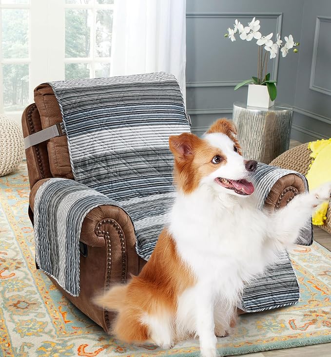 Brilliant Sunshine Multi Grey Stripes Couch Recliner Cover, 26" seat | Quilted Sofa Cover, Living Room & Bedroom Furniture Protector, Washable Reclining Chair Slipcover for Pets, Dogs & Cats