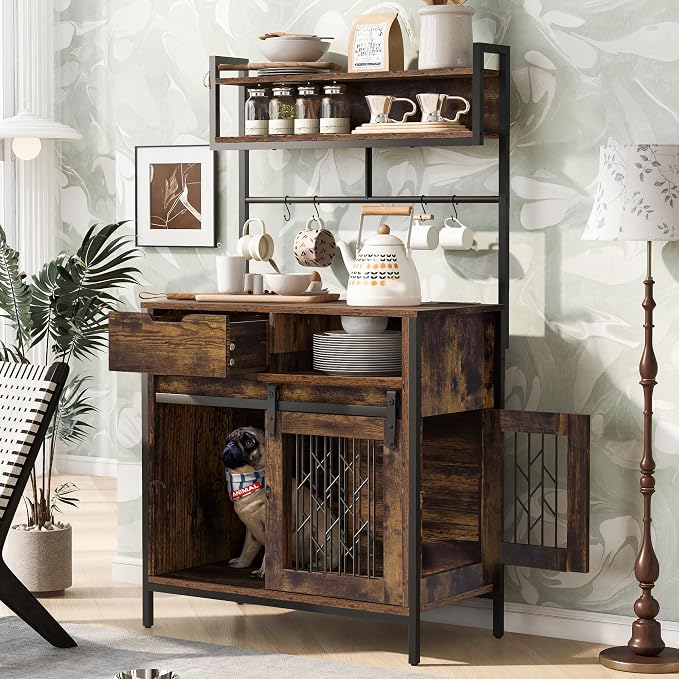 Furniture Style Dog Crate Desk Hutch, Multifunctional Pet Cabinet with Charging Station, Entryway Organizer, Rustic Brown 31.5"x16.5"x59.1"