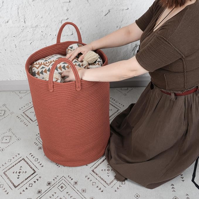 XUANGUO Cotton Rope Laundry Basket Hamper for Clothes Large Rust Red | Baby Nursery Hamper Bin and Woven Storage Basket for Living Room Bedroom Boho Tall Rope Baskets Blankets Toys Pillows Towels