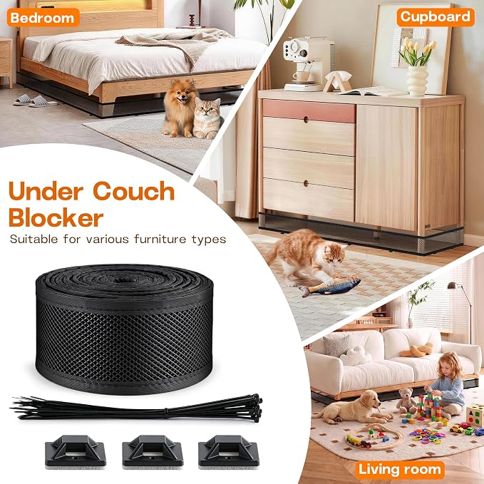 Under Couch Blocker for Pets, 394" x 3", Adjustable Under Sofa/Bed Barrier | Toy Blockers for Under Furniture, Pet Proof Gap Guard, Couch Toy Stopper, Furniture Bottom Shield, 394" x 3", Black