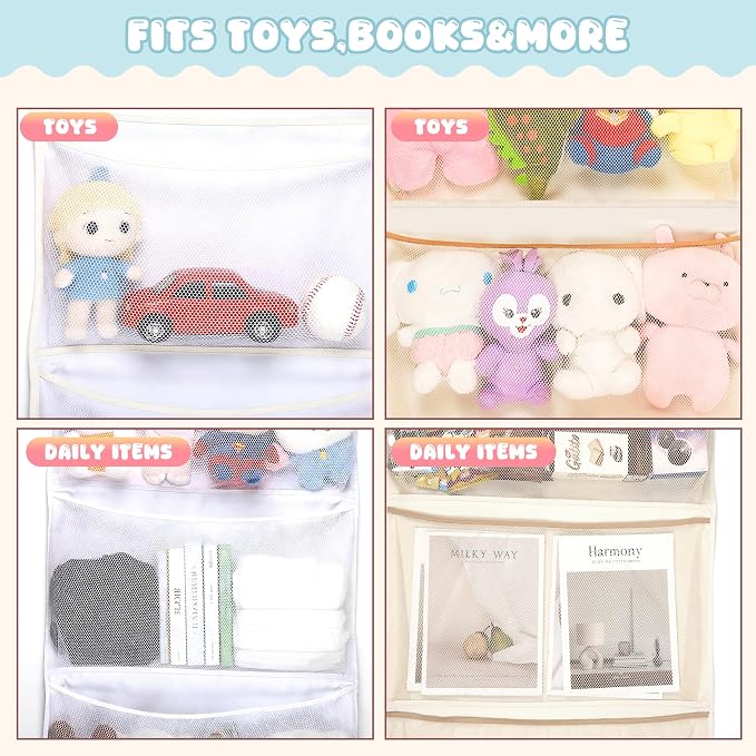 Over the Door Stuffed Animal Storage , 65" Hanging Mesh Toy Organizer with Support Rods & 4 Large Pockets, Extra Large Space-Saving Nursery Hammock for Plush Toys & Dolls with Meat Hook Beige