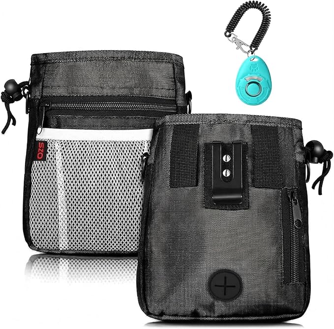 SZO Dog Training Treat Pouch with Training Clicker, Black | Dog Treat Pouch Set Includes Clicker for Pet Training, 3 Wear Styles with Waist Belt Shoulder Strap