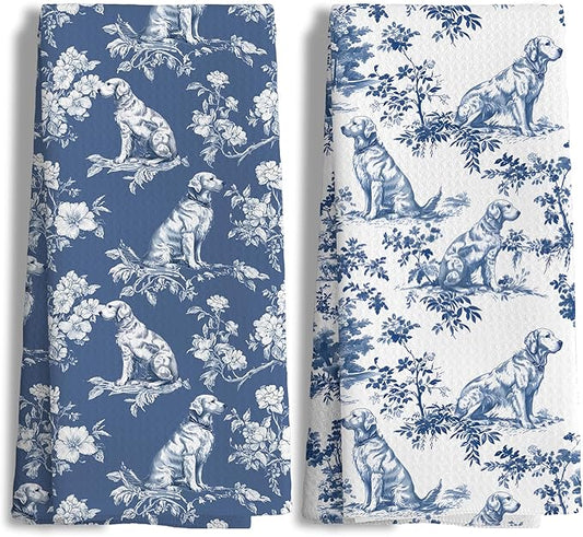 Nipi Chinoiserie Golden Retriever Kitchen Towels Set of 2,Blue And White Floral Golden Retriever Decorative Dish Tea Towels,Grandmillennial Botanical Dog Hand Towels for Kitchen Bathroom, 16x24 Inch