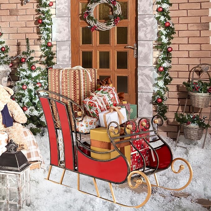 Metal Santa Sleigh, Christmas Santa Sleigh Basket w/ 2-Tier Storage Shelf Big Loading Area for Gifts, Reindeer Outdoor Decoration for Indoor Holiday Decor Lawn Yard Home Pets Trailer Party