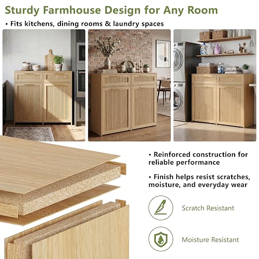 Double 13 Gallon Pull Out Trash Can Cabinet with Drawer, Garbage Cabinet | Pet Proof Hidden Trash Storage, Fluted Farmhouse Design, Space-Saving Kitchen Organizer, Dining Room Storage,Natural Oak