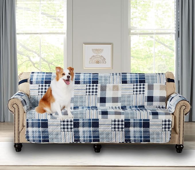 Brilliant Sunshine Blue Plaids and Stripes Patchwork Couch Cover, Quilted Large Sofa Slipcover, 70" Seat Width, Reversible Furniture Protector, 2" Strap, Washable Cover for Pets, Kids, Dogs, Cats,Blue | Quilted Sofa Cover, Living Room & Bedroom Furnitu...