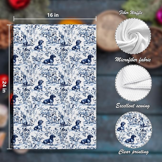 Chinoiserie Dachshund Kitchen Towels Set of 4,Blue and White Floral Botanical Dachshund Decorative Dish Tea Towels, Grandmillennial Weiner Dog Hand Towels for Kitchen Bathroom, 16x24 Inch