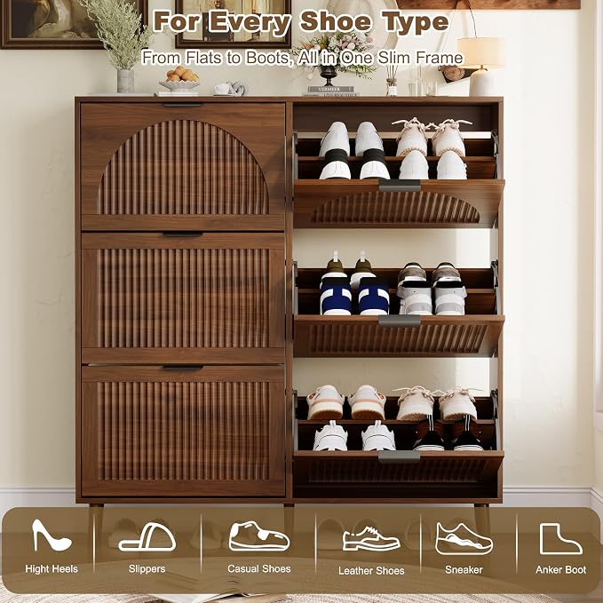 Shoe Storage Cabinet with 6 Flip Drawers, Narrow Wood Shoe Organizer Cabinet with Fluted Panel, Slim Shoe Rack for Entryway, Freestanding Shoe Cabinet for Living Room, Hallway, Walnut