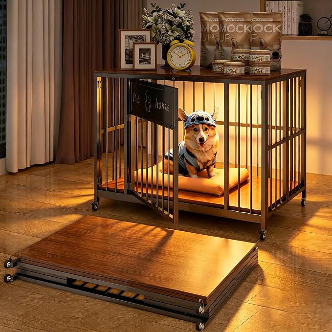 31.5" Foldable Dog Crate Furniture for Medium Dogs, Walnut | Wooden Construction, RGB Ceiling Lights, Silent Casters, End Table TV Stand