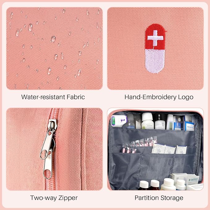 First Aid Bag Empty Medicine Bag Portable Medical Supplies Organizer Bag for Home Traveling Outdoor Hiking Camping Backpacking Cycling (Pink)