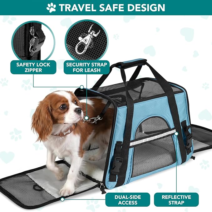 PetAmi Airline Approved Pet Carrier for Cats & Small Dogs, Large Light Blue | Soft Sided TSA Travel Bag, Sherpa Bed, Breathable Mesh Ventilation, Collapsible Bowl, Fits Under Seat, Up to 18 lbs