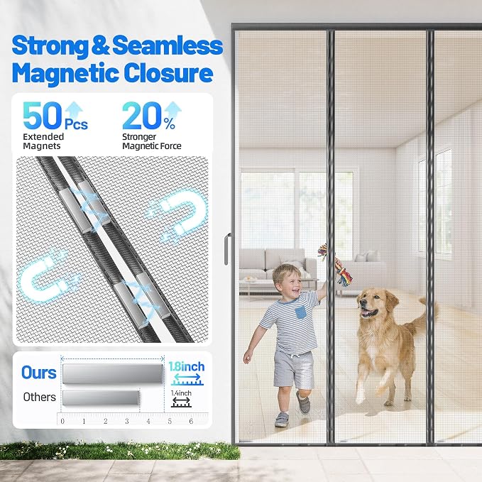 Heavy Duty Magnetic Screen Door Mesh, Door Net Screen with 100 Magnets | Pet & Kid Friendly, PET Fine Mesh Doors Screens Keep Bug Out Fit Sliding Patio French Doors Size 48"x80"-Screen Size 50"x82