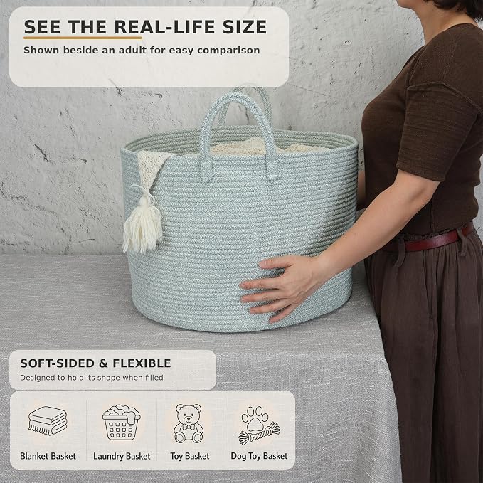 XUANGUO 66L Large Blanket Basket, Round Cotton Rope Basket, Light Green | 20" x 13" Laundry Basket with Sturdy Handles for Blankets, Pillows and Toys; Storage for Living Room, Bedroom and Nursery