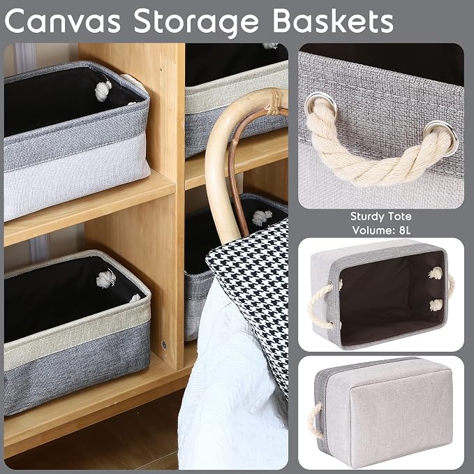 Sea Team Compact Rectangle Canvas Open-Top Storage Baskets, 3-Pack | Collapsible Fabric Storage Bins with Handles, Closet Shelf Organizers, 12 x 8 x 5 Inches, Ash Gray & Gray