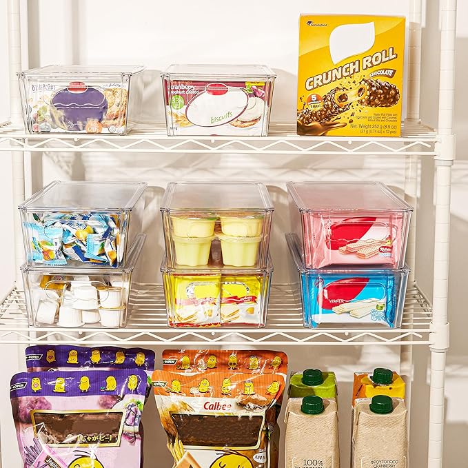 Vtopmart 8pcs Clear Organizers and Storage Bins with Lids, Stackable Plastic Storage Containers with Handles for Fridge, Freezer, Pantry, Cabinet, Kitchen Organization (Pack of 2)