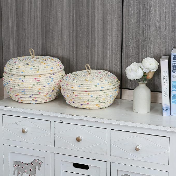 Sea Team Round Woven Cotton Rope Storage Basket with Lid, Rainbow, 2-Pack | Decorative Colorful Pompom Knitted Storage Bin, Pot, Caddy, Organizer, Container for Snacks, Towels, Plants, 10 x 7.5 Inches