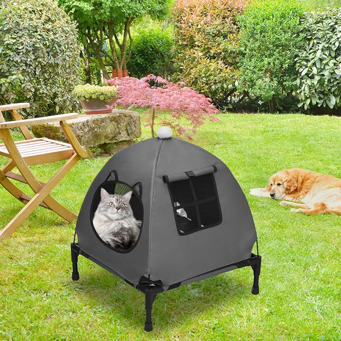 Pozico Elevated Pet Bed with Breathable Mesh for Small Cat and Dog, Raised Cooling Pet Cot for Puppy and Kitty, 18.9x18.9 inch (Dark Gray Bed with Canopy)