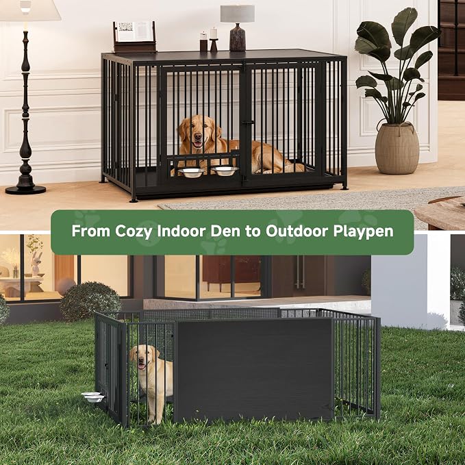 43.3" Heavy Duty Large Dog Crate with Wheels & Feeding Bowls, 3 in 1 Foldable Extra Large Dog Kennel & Playpen, Indestructible Escape-Proof Metal Dog Cage for Large Dogs, Indoor Outdoor, Black