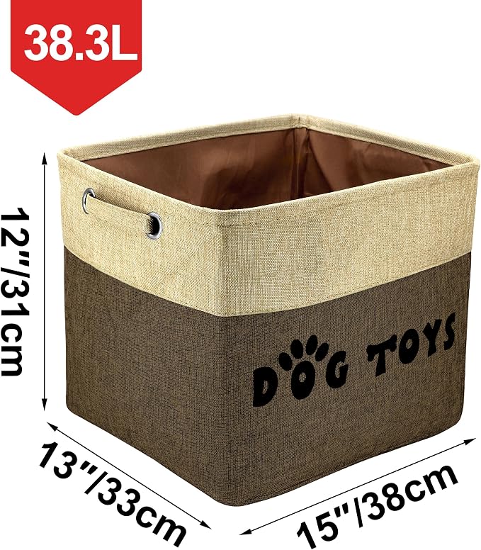 PET ARTIST Dog Toy Basket, Large Collapsible, Brown, L:15"x13"x12" | Dog Toy Bin Box, Comfortable Handles, Large Pet Toy Storage Organizer, For Accessories, Toys, Coat & Clothing, Blanket Leash