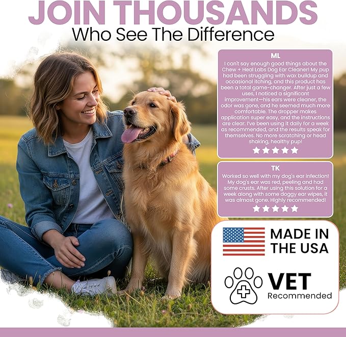 Chew + Heal Labs Dog Ear Cleaner - Medicated Dog Ear Buildup Drops for Dirt and Wax - 4 oz Advanced Flush with Chlorohexidine and Ketoconazole - Made in the USA