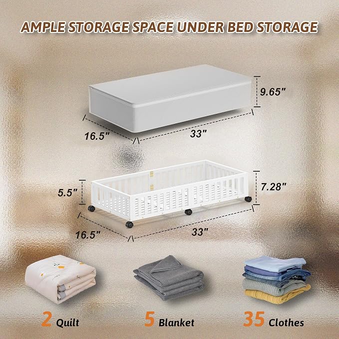 2 Pack Large Bamboo Under Bed Storage Containers with Wheels, White | Underbed Drawer Storage with Bag, Wood Rolling Underbed Organizer for Shoes, Sheets Clothes Blanket Comforter, Under Crib Toy