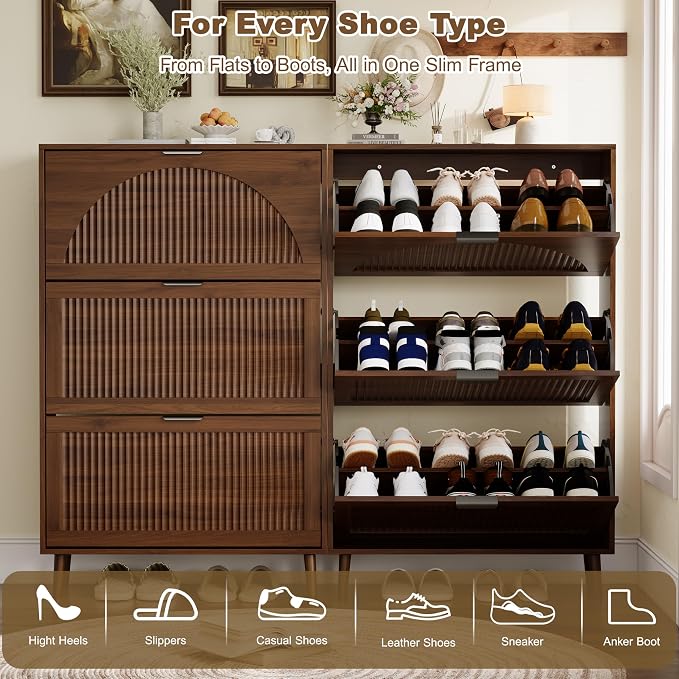 Shoe Storage Cabinet with 3 Flip Drawers, Narrow Wood Shoe Organizer Cabinet with Fluted Panel, Slim Shoe Rack for Entryway, Freestanding Shoe Cabinet for Living Room, Hallway, Walnut