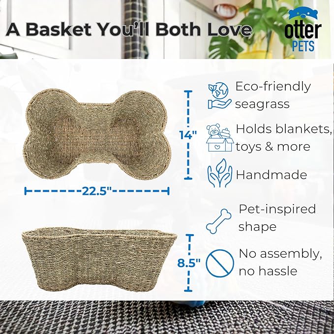 OtterPets Dog Toy Basket, Cotton Rope Bone Shaped Dog Toy Bin, 22x14 | Handmade dog toy box, dog toy storage, dog basket, basket for dog toys, dog storage, Large 22 x 14 in, natural seagrass