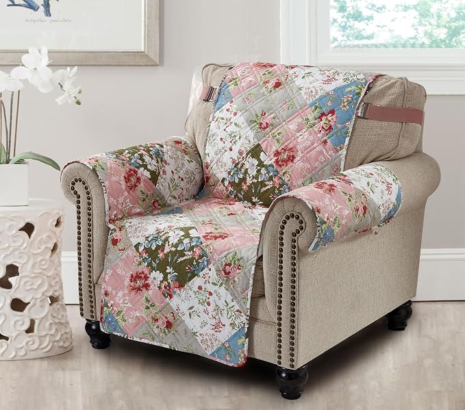 Brilliant Sunshine Peach & Olive Flowers Couch Armchair Cover, 23" seat | Quilted Sofa Cover, Living Room & Bedroom Furniture Protector, Washable Chair Slipcover for Pets, Dogs & Cats