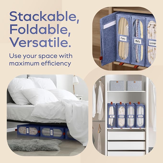 8x Bed Sheet Organizer Storage Boxes with Big See-Through Windows | Bedsheet Organizers Redesigned. Robust Bed Sheet Storage |15x13x5 Inches Sheet Organizers Containers (Denim)