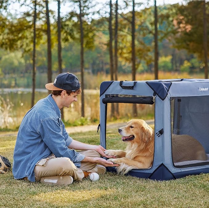 Lesure Portable Soft Collapsible XL Dog Crate, 42in Blue | Travel Camping Pet Kennel, 4-door, Indoor and Outdoor Use, Easy to Set Up and Fold, For Extra Large Breeds Up to 90lbs