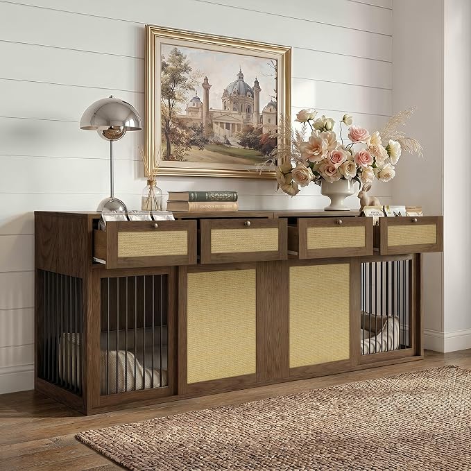 PureCozy 2-Piece Double Dog Crate Furniture, 80 Inch, Dark Oak | Left and right kennels for 2 dogs with metal sliding doors, cane cabinets and 4 drawers; furniture-style indoor console.