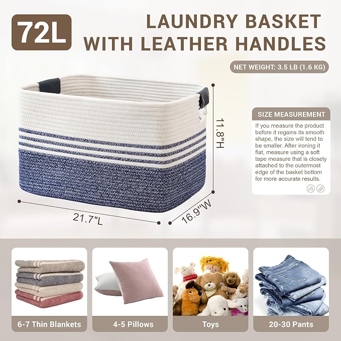 72L Woven Laundry Basket Hamper with Leather Handles,Denim Blue | collapsible wicker hamper, storage for dirty clothes, toys, blankets, gifts, living room, bedroom, bathroom, 22"x17"x12"
