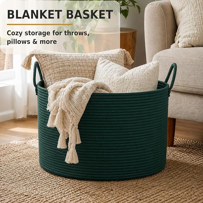 XUANGUO 66L Large Blanket Basket, Round Cotton Rope Basket, Dark Green | 20" x 13" Laundry Basket with Sturdy Handles for Blankets, Pillows and Toys; Storage for Living Room, Bedroom and Nursery