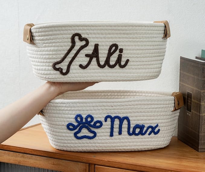 JUPPE Pet Dog Basket with Personalized Name, Dog Toys Storage Organizer Custom Cotton Rope Basket Nursery Decor (For pet)