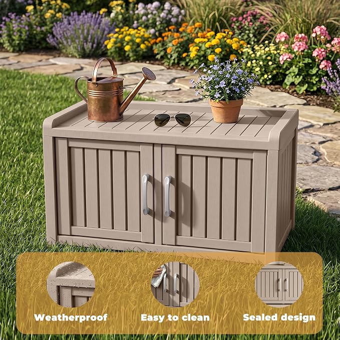 ROJIK Shoe Cabinet Waterproof UV-Resistant,Storage Bench Indoor Outdoor with Adjustable Shelves,for Entryway Bedroom,Hallway,Living Room(Double Door,Grey)