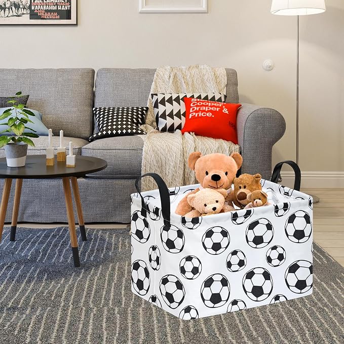 Football Storage Basket for Boys Room, Foldable Toy Organizer Bin | Cotton Linen Blend with Waterproof Lining, Sturdy Handles & Foldable Design for Toys, Clothes, Laundry and Home Organization