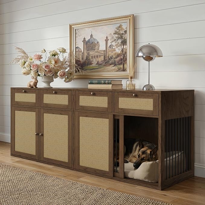 PureCozy 2-Piece Dog Crate Furniture, Right, 80 Inch, Dark Oak | Right-unit kennel with metal sliding door plus cane storage cabinet and 4 total drawers; furniture-style indoor console.