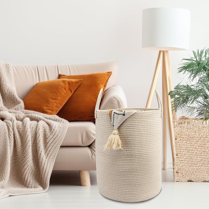 Woven Cotton Rope Laundry Basket, 15" x 20" Laundry Hamper, Oatmeal | Rope storage basket for dirty clothes, toys and blankets. Perfect for bathroom, baby nursery and living room storage.