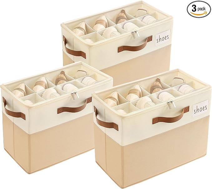 Varhomax Shoe Organizer Box for Closet, Small Fabric Storage Basket 3 Pack | Foldable Shoe Bin with Adjustable Dividers & Clear Cover, Saving Space Sneakers & Sandals Containers for Entryway, Cubby