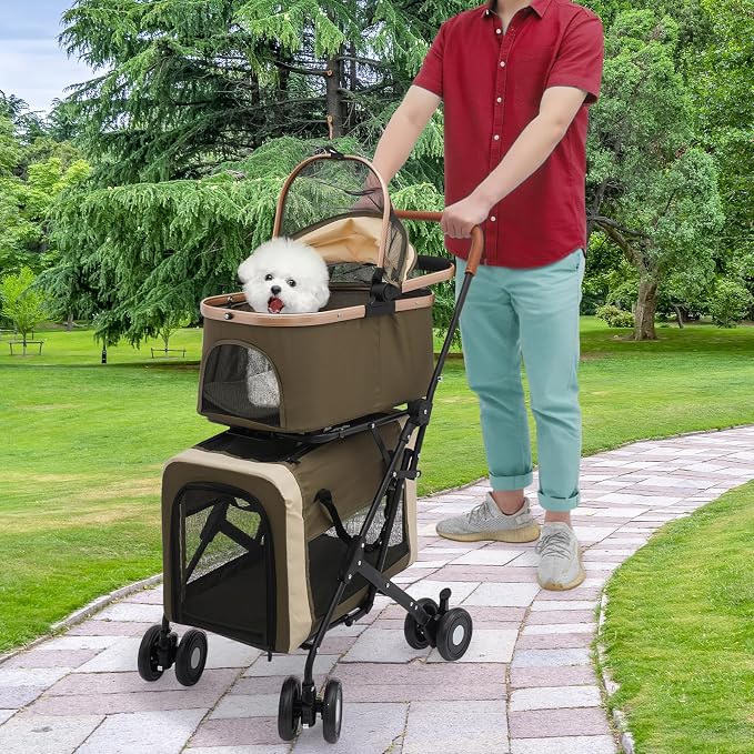 Double Dog Stroller for 2 Small & Medium Pets, Double Pet Stroller with Detachable Carriers, Foldable Dog Stroller for 2 Dogs, Two-Seater Carrier Dog Walk Jogger Travel Pet Carriage Cart (Dark Green)