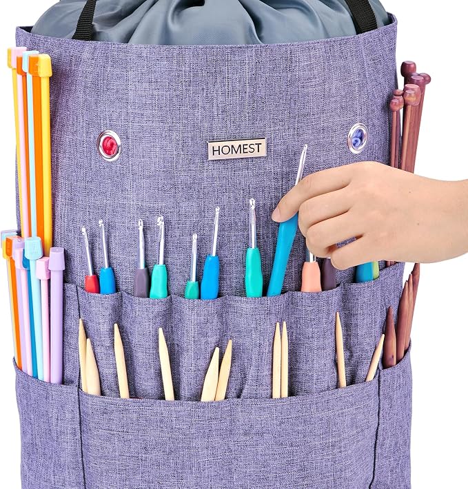 HOMEST Crochet Bag Organizer for Yarn Storage, and Knitting Accessories | Customized front compartment, 6 oversized grommets and drawstring closure for hooks, needles and projects, Purple