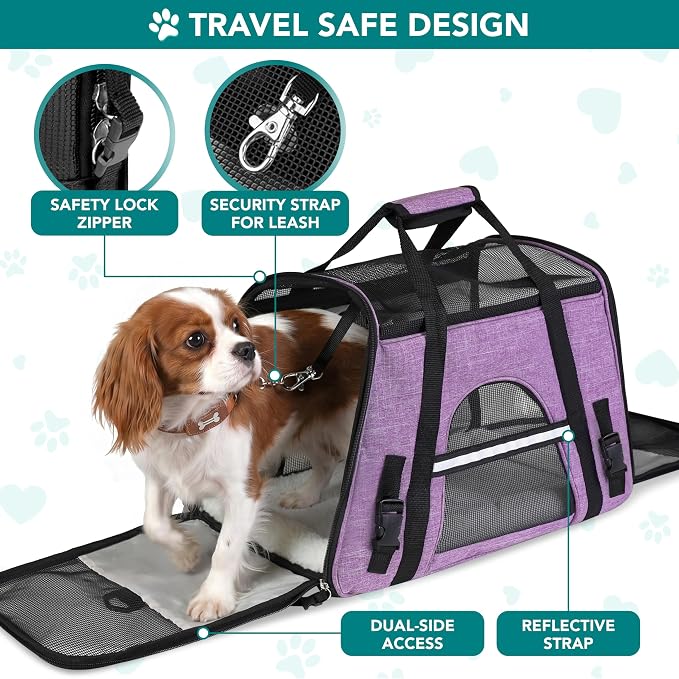 PetAmi Airline Approved Pet Carrier Cats & Small Dogs, Small Heather Purple | Soft Sided TSA Travel Bag, Sherpa Bed, Breathable Mesh Ventilation, Collapsible Bowl, Fits Under Seat, Up to 18 lbs