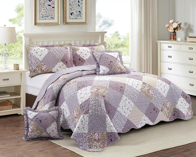 Brilliant Sunshine Lilac & Beige Roses Ruffle Pillowshams Set, 18"x18" | Patchwork Design with Ruffles, Quilted Pillow Covers, Washable Throw Cushion Cases for Couchs and Beds, Pack of 2