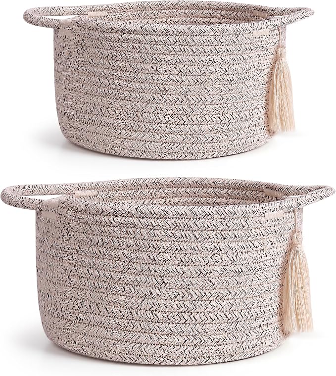 Small Gift Basket Empty to Fill, 2 Pack, Mini Woven Basket, Natural Beige | Cute Decorative Mini Rope Storage Baskets with Cellophane Bags & Ribbons; Two Sizes for Gifting, Bathroom Counter or Desk