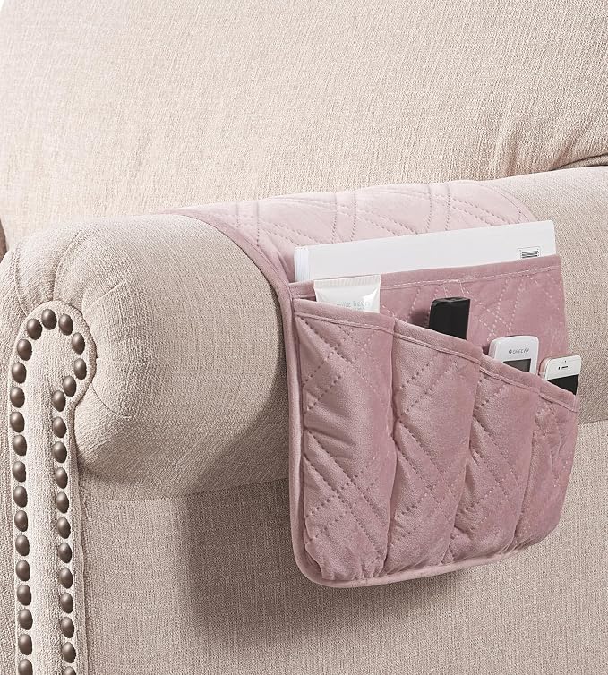 Brilliant Sunshine Silver Pink Velvet Velvet Couch Armrest Cover, 35"×13" | Washable Magazine Holder, Armrest Organizer & Caddy on Sofa, Recliner, Armchair, Storage for Remote Controls, Phone, iPad