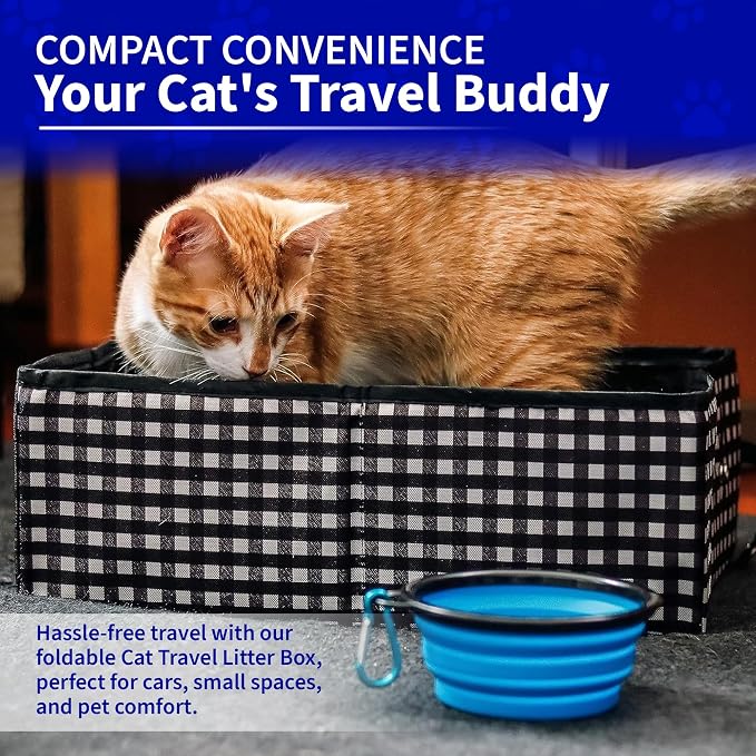 Pet Fit For Life Vibrant Collapsible Travel Cat Litter Box 16"x12"x5" Black | Portable, Foldable Pop-Up Litter Box with Bonus Water Bowl. Folds Flat for Compact Storage During Travel and Camping.