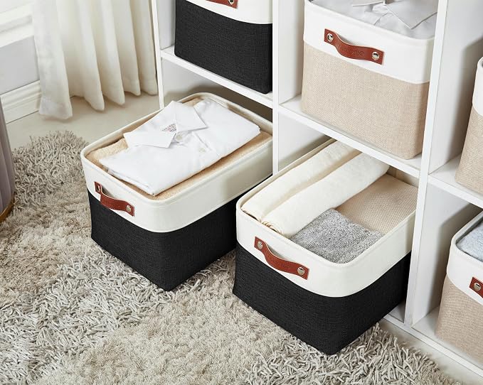DECOMOMO Storage Bins, Large Fabric Storage Baskets for Shelves 4 Pack | 15 x 11 x 9.5 inches Decorative Linen Closet Organizers (Black & White)