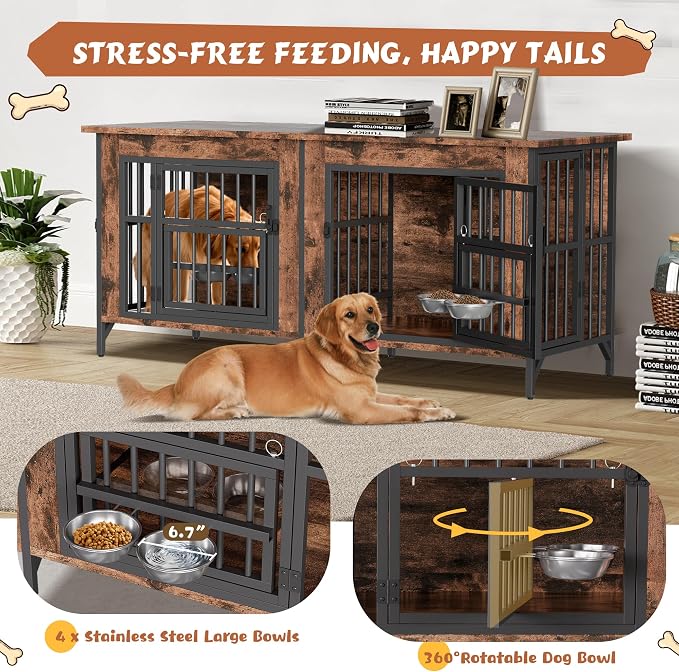 63'' Double Dog Crate Furniture, Wooden Dog Kennel with Removable Divider for 2 Dogs, XL Dog House Indoor with Rotating Bowl Holders, Heavy Duty Dog Crate TV Stand (62.9"L x 23.6"W x 27.9"H)
